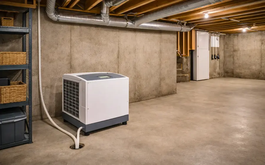 Dehumidifier set up in an unfinished basement with a block foundation in Fresh Meadows