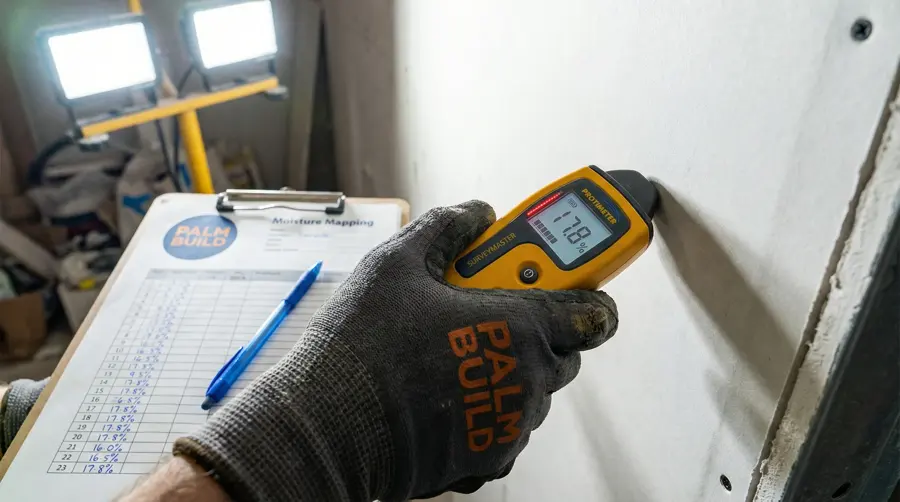 Gloved hand logging moisture meter readings on an opened wall in Fresh Meadows