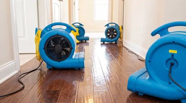 Air movers drying a wet hardwood hallway floor in a Fresh Meadows home