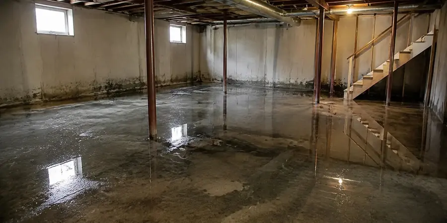 Unfinished Fresh Meadows basement with standing water across the concrete floor after a storm