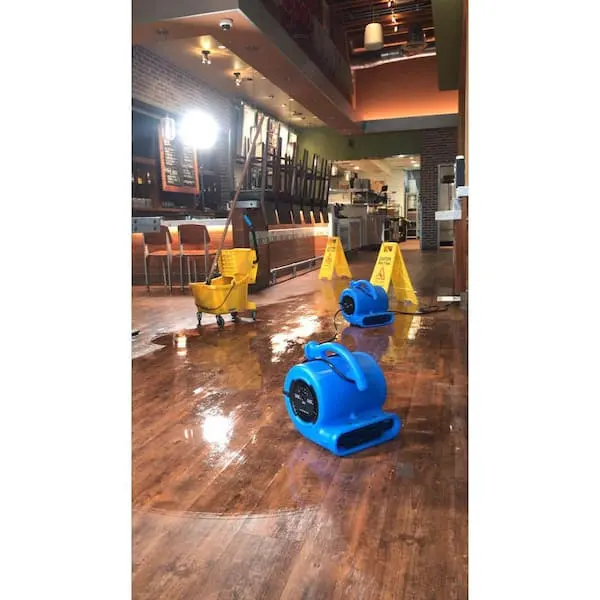 Drying equipment set up in a North Hills room after a water loss
