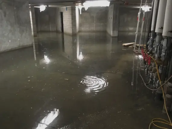Flooded basement with water over the floor and pipes along the wall in Fresh Meadows
