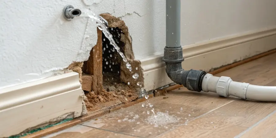 Water spraying from a burst pipe through a hole in a Fresh Meadows wall