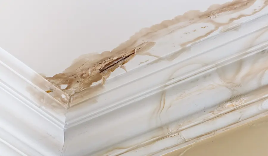 Brown water stain spreading along a top-floor ceiling and crown molding below a roof leak in Fresh Meadows
