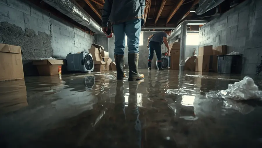 Workers in boots walking through storm water in a Fresh Meadows basement