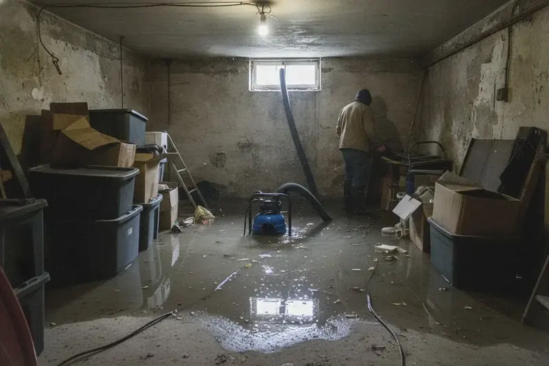Tech extracting water from a flooded basement storage room in Fresh Meadows
