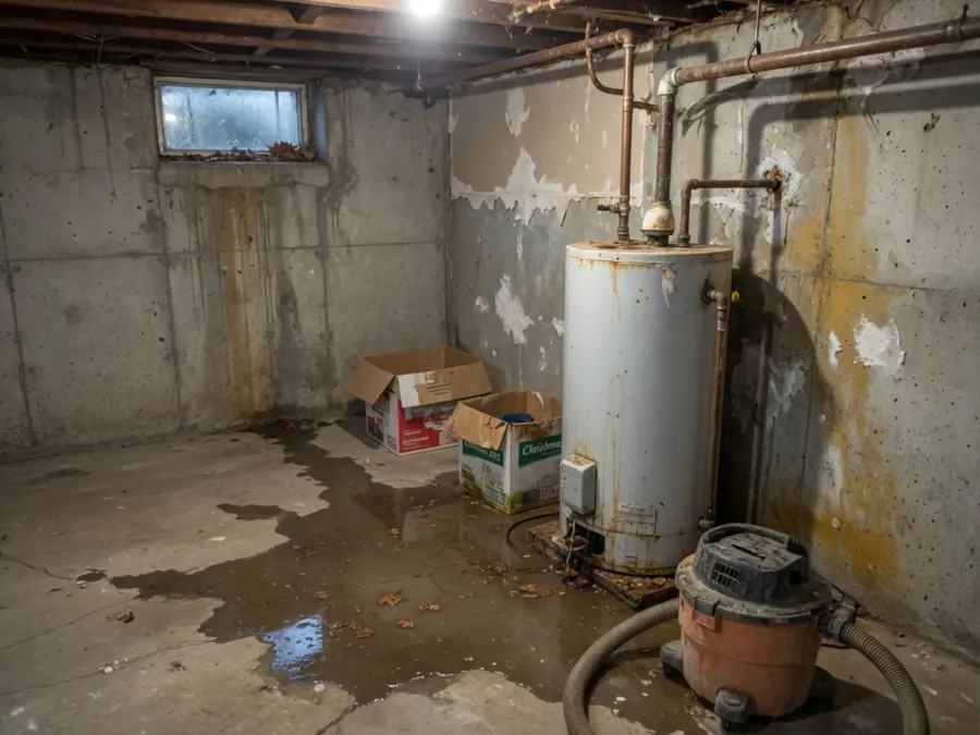 Water heater leaking across a concrete basement floor in Fresh Meadows
